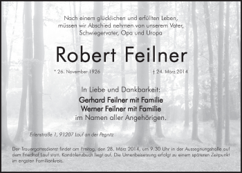 Traueranzeige von Robert Feilner von Pegnitz-Zeitung